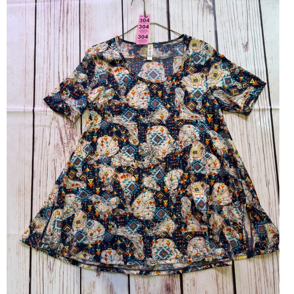 LuLaRoe‎ Disney Princess Irma Tunic Top Navy Blue Geometric Belle Rapunzel XS